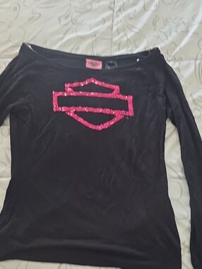 Harley-Davidson Black Long-Sleeve Top with Pink Sequin Logo